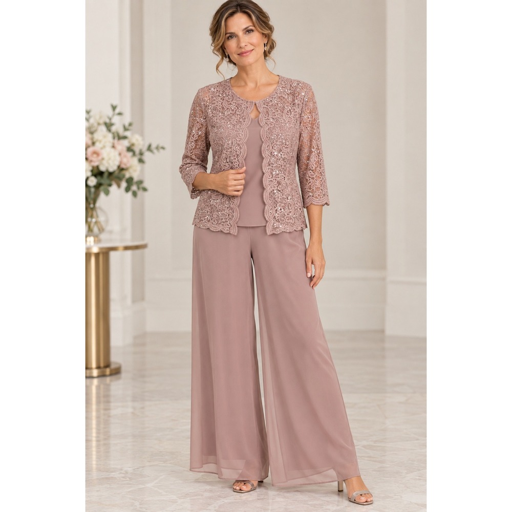 Alex Evenings Petite 2 Piece Pant Suit LP MP Soft Blush Lace Sequin Formal
